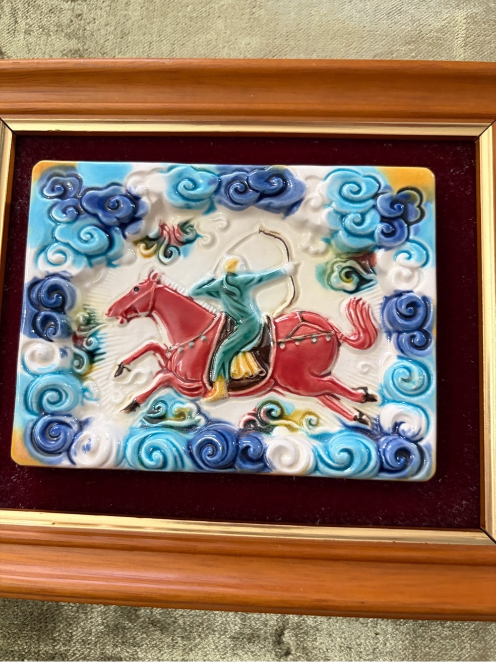Framed Ceramic Plaque with Red Horse and Green Rider - Picture 4 of 6